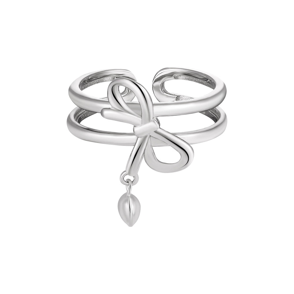 Adjustable double band ring with knot and heart charms in 925 sterling silver 