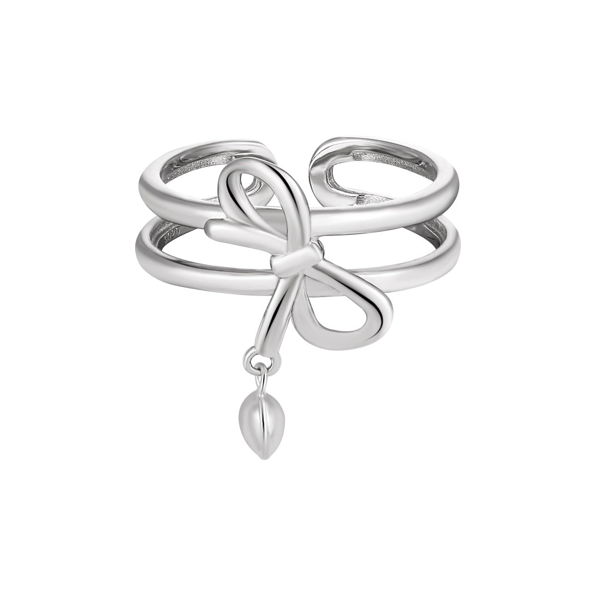 Bague double anneau ajustable avec breloques nœud et cœur en argent sterling 925