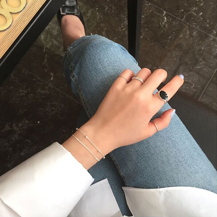 Bracelet double rang en argent sterling 925, chaîne fine et perles argentées