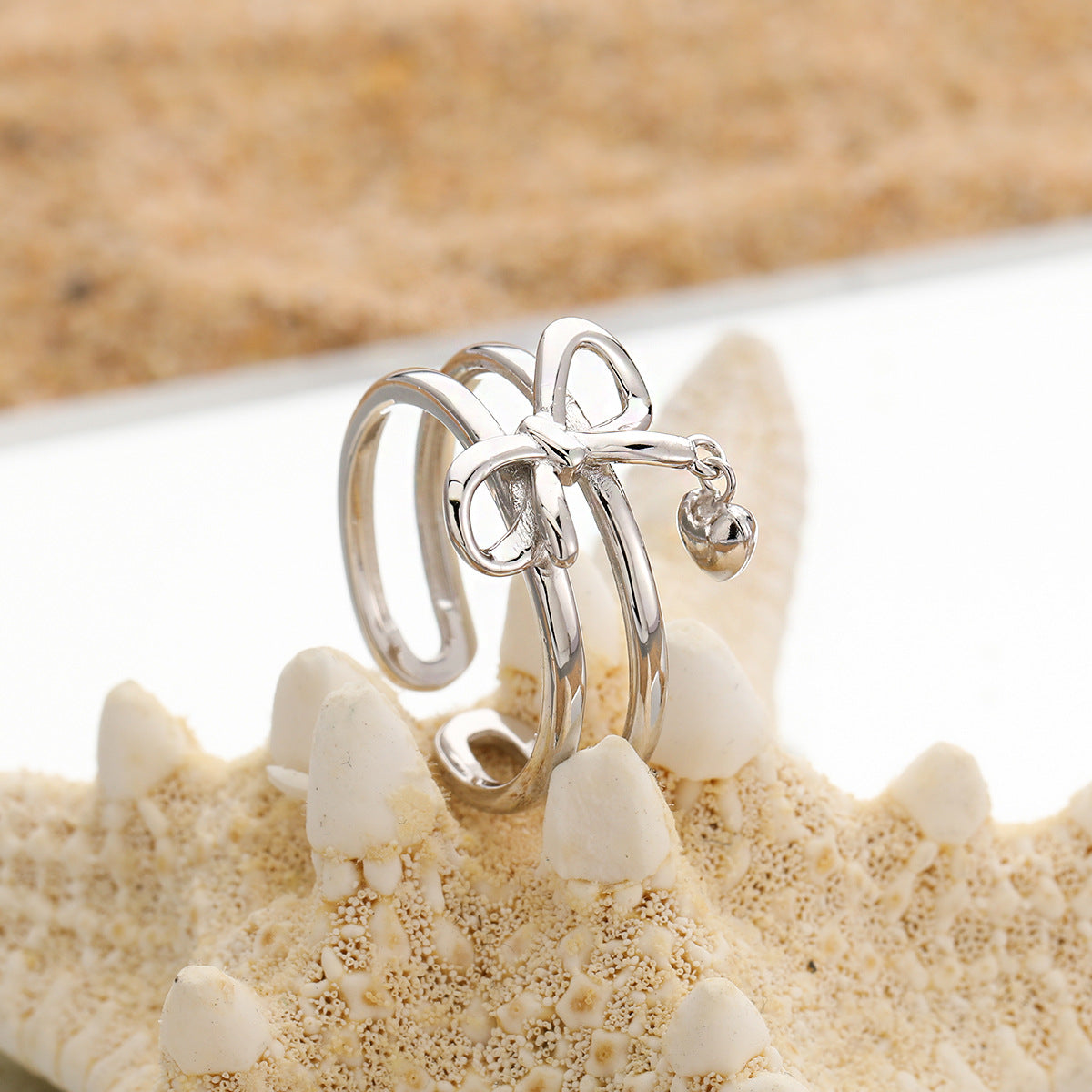 Bague double anneau ajustable avec breloques nœud et cœur en argent sterling 925