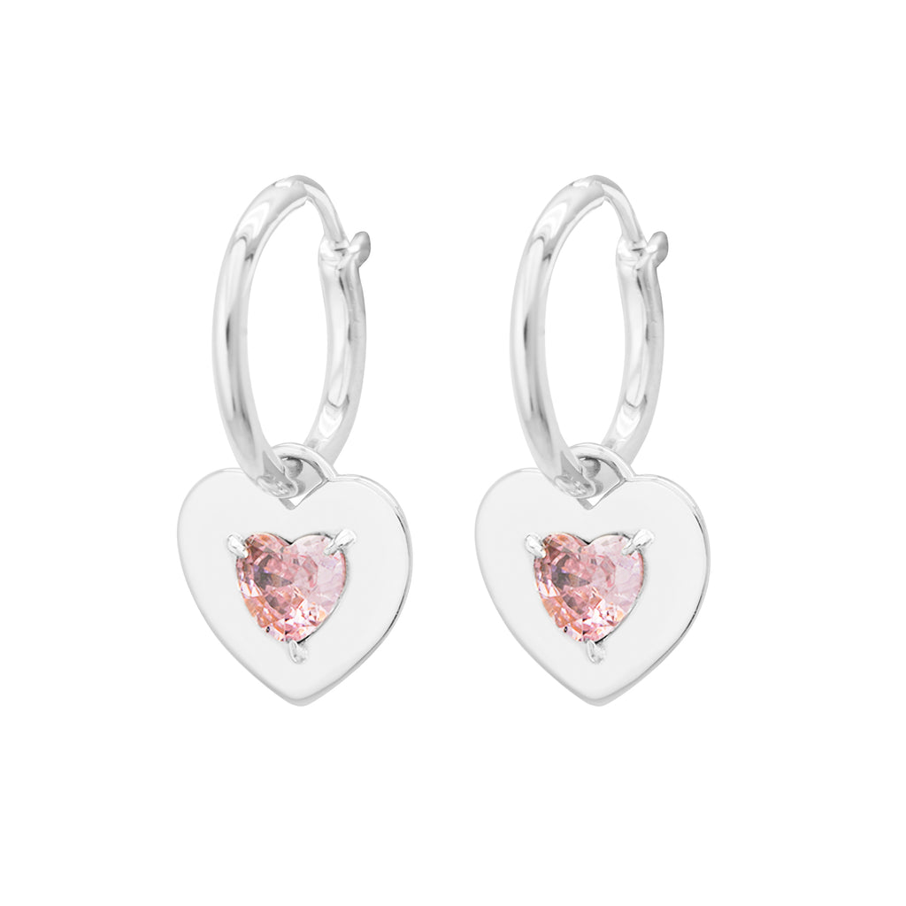 Saint-Valentin: Boucles d’oreilles créoles avec cœur en zircon cubique rose et en argent sterling 925