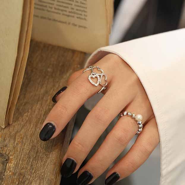 Bague ajustable en argent sterling 925 à cœurs ajourés