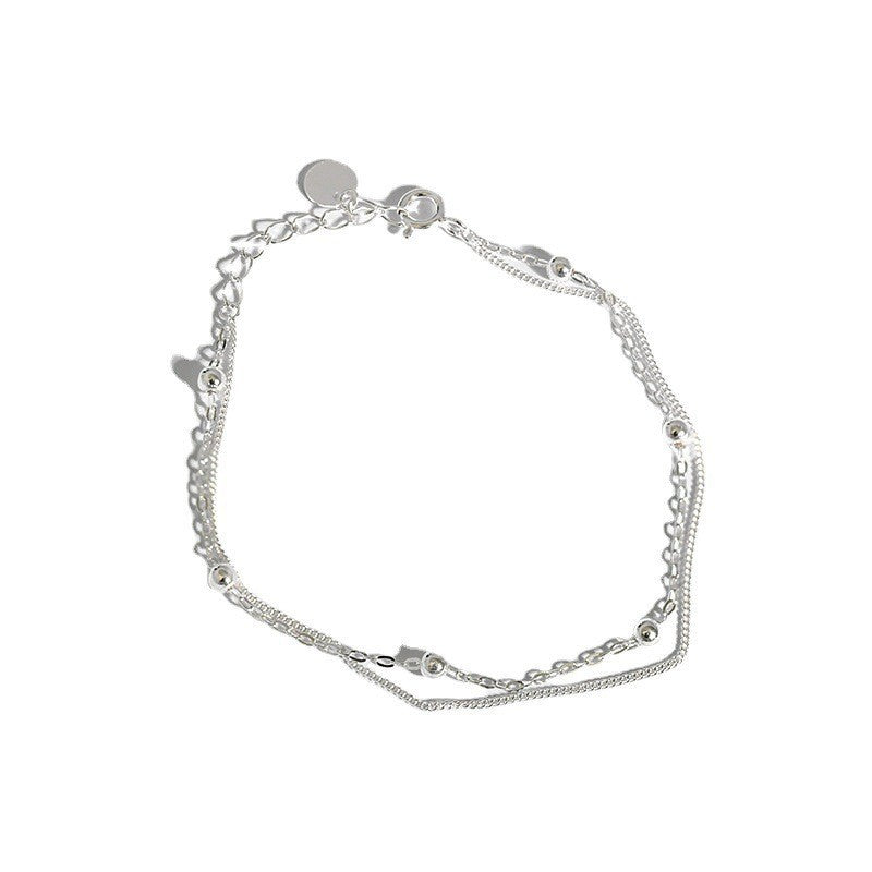 Bracelet double rang en argent sterling 925, chaîne fine et perles argentées
