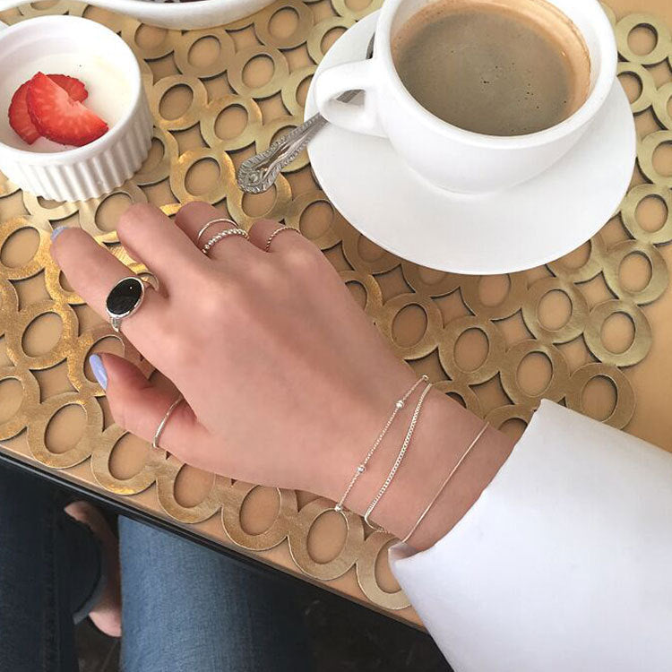 Bracelet double rang en argent sterling 925, chaîne fine et perles argentées