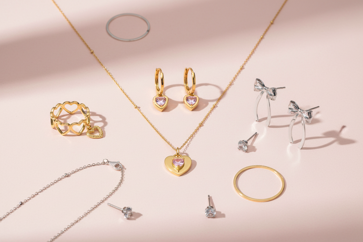 prends des bujoux de ma boutique, minimaliste, or, argent, image avec un peu de rose pâle